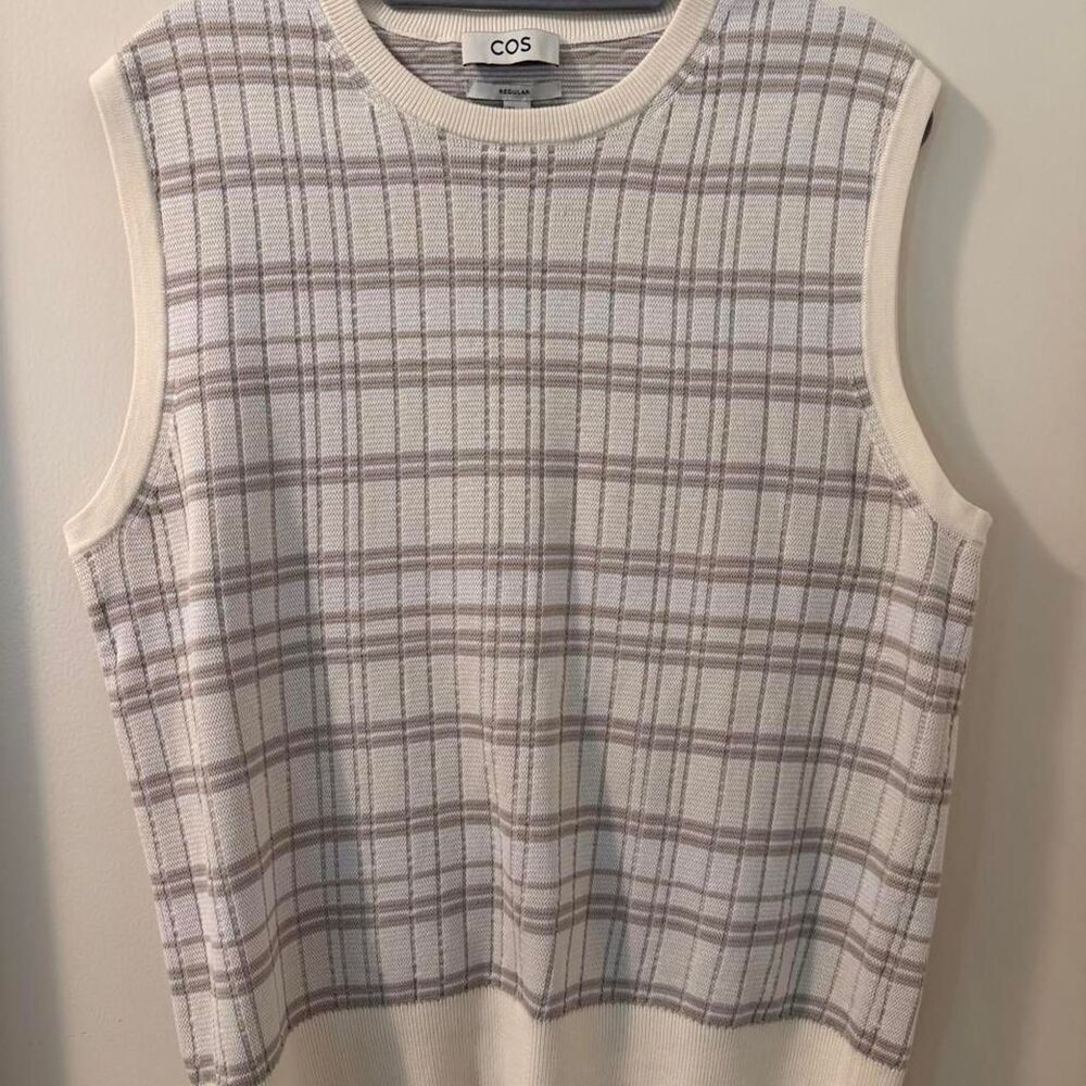 Cos Regular Fit Jacquard Knit Neutral Greige Plaid Sweater Vest Sz Men's M